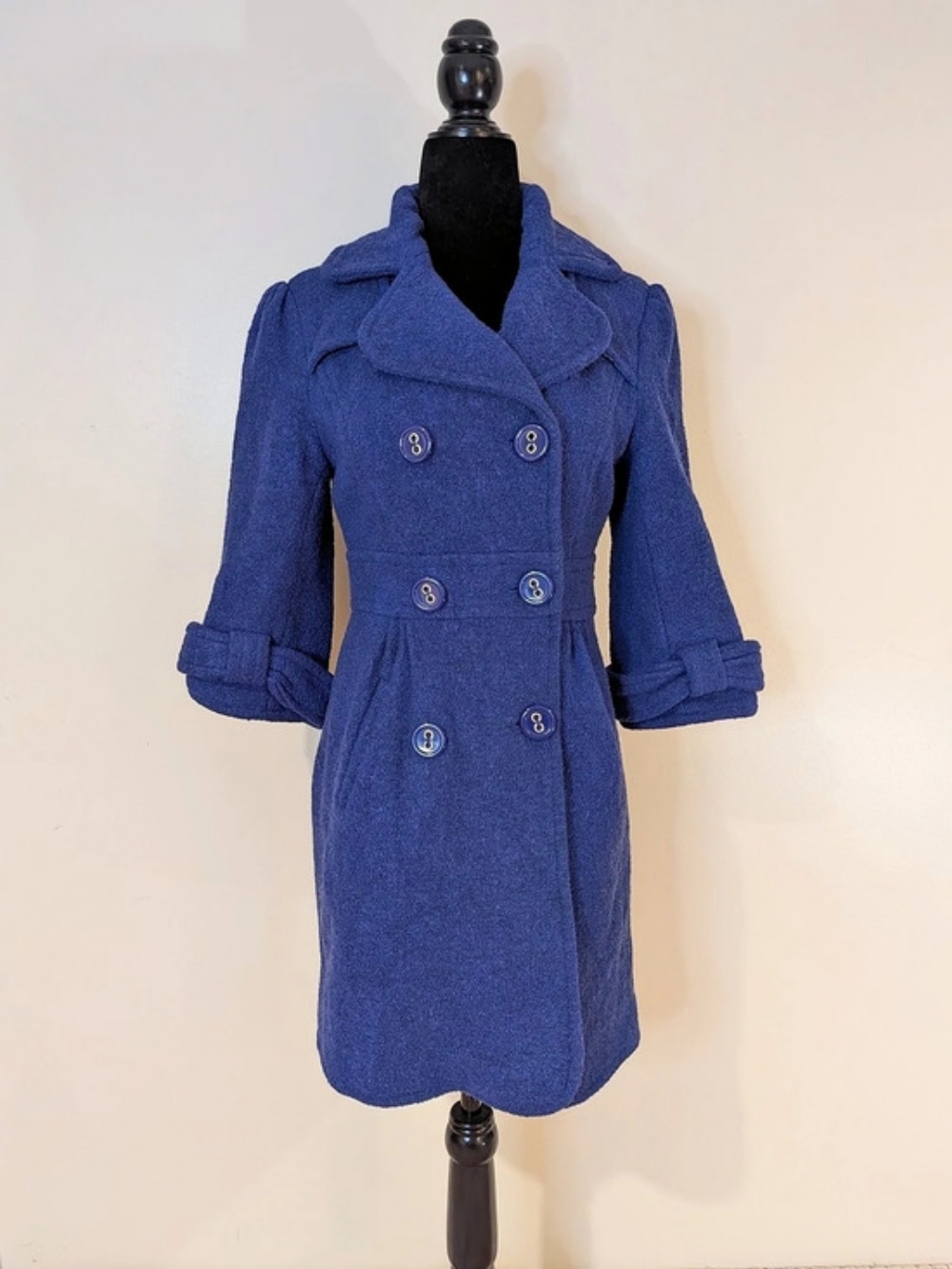 Forever 21 Royal Blue Wool Blend Double Breasted Fit & Flare Peacoat Small